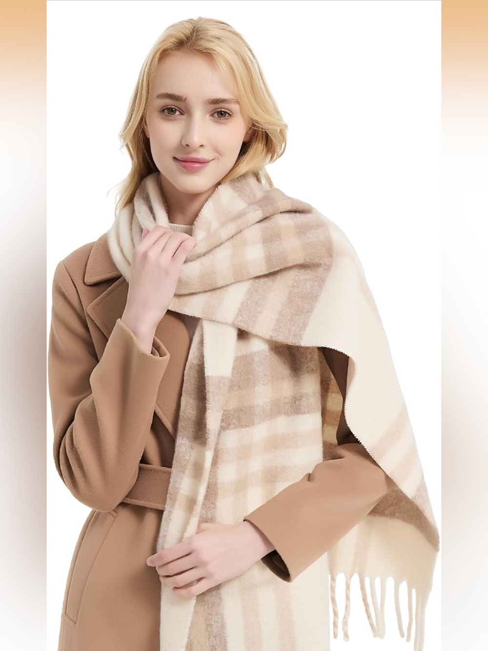 Cozy Cream & Tan Plaid Oversized Women's Scarf